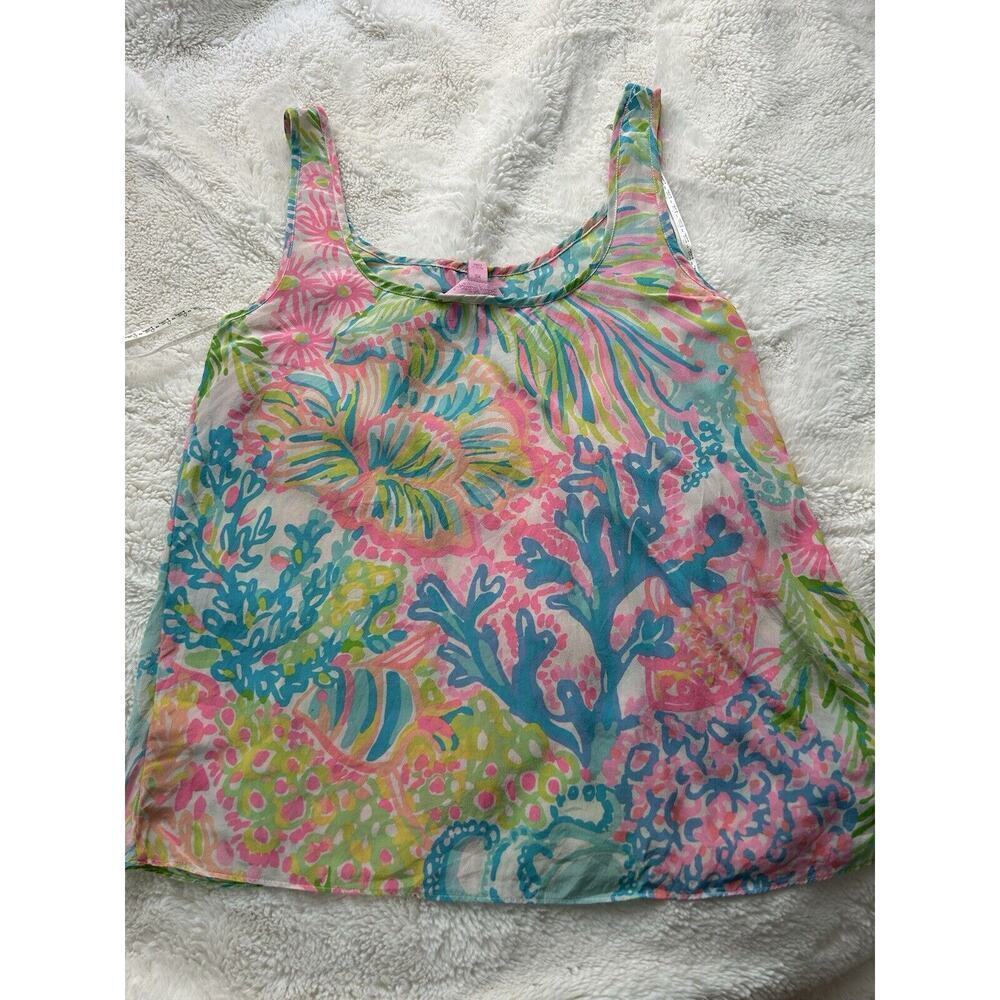 LILLY PULITZER‎ Cosmos Silk Top Multi Lovers Coral Women's XS Neon Pink Blue - Picture 2 of 6